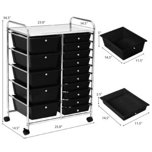 Giantex Rolling Storage Cart with 15 Drawers, Mobile Book Paper Organizer Tools Trolley with Wheels, Ideal for School, Office, Home (Black)