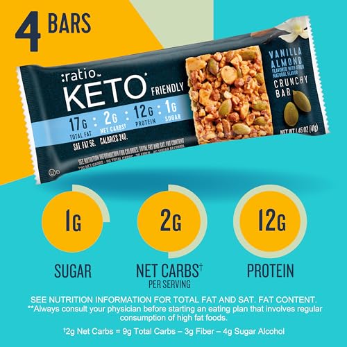 :ratio KETO Friendly Crunchy Bars, Vanilla Almond, Gluten Free Snack, 4 ct