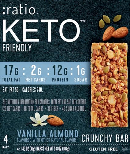 :ratio KETO Friendly Crunchy Bars, Vanilla Almond, Gluten Free Snack, 4 ct