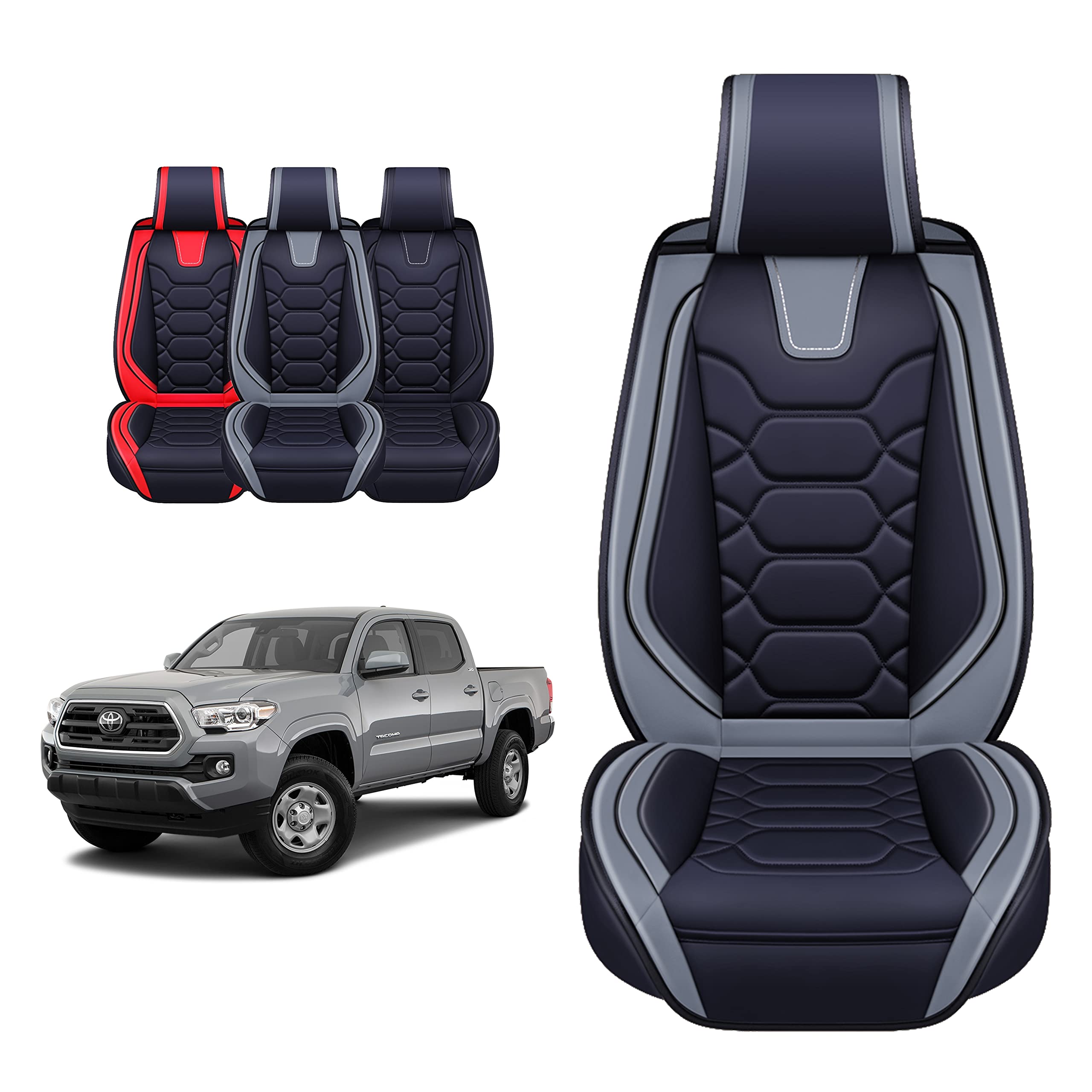 OASIS AUTO Toyota Tacoma Accessories Seat Covers 2005-2025 Custom Fit Leather Truck Cover Protector Cushion Crew Double Extended Cab TRD(Sport Front Pair, Black&Gray)