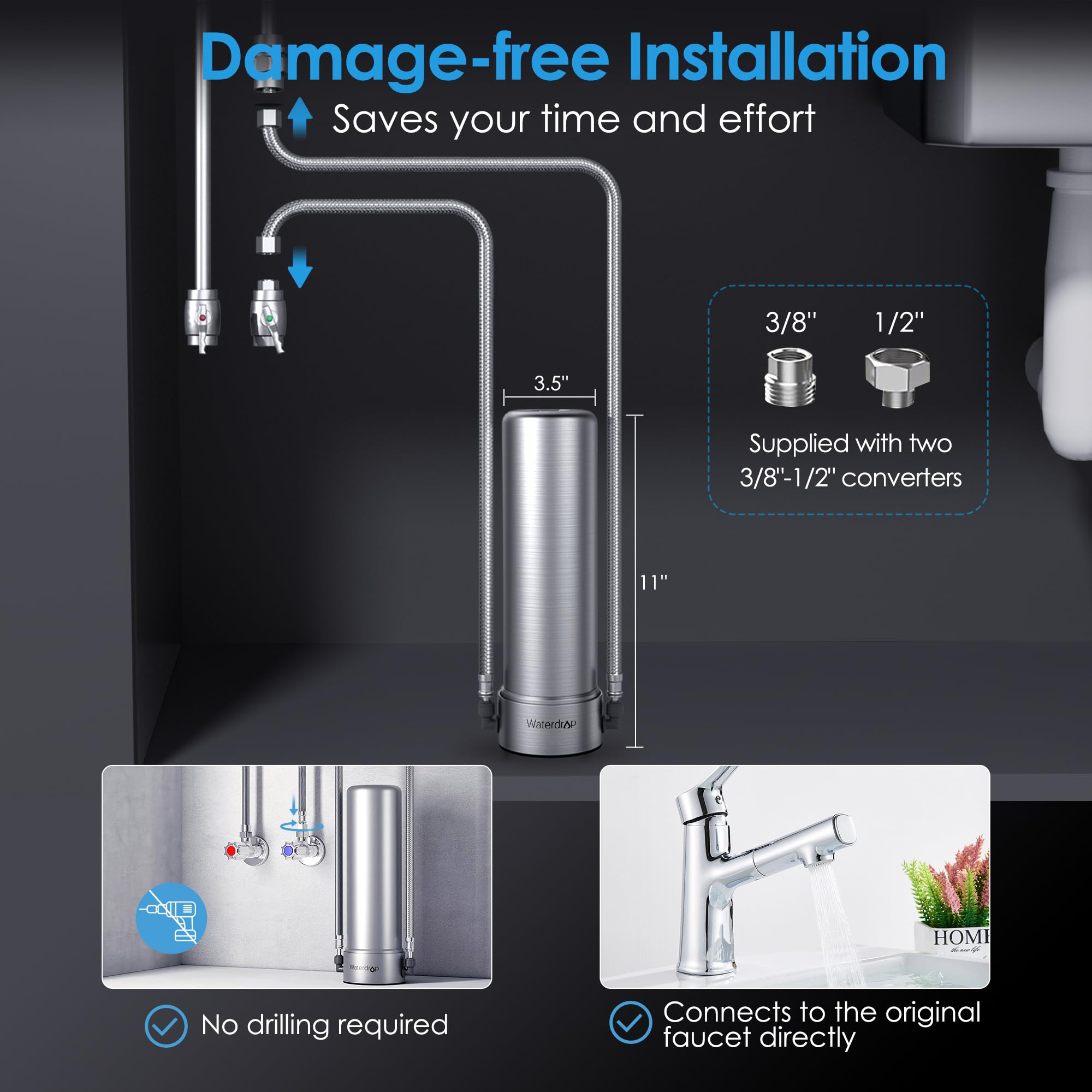 Waterdrop AS13 Under Sink Water Filter, No Drilling Required Under Sink Water Filtration System, Reduce PFAS, PFOA/PFOS, 6 Stage Stainless Steel Under Sink Water Filter System