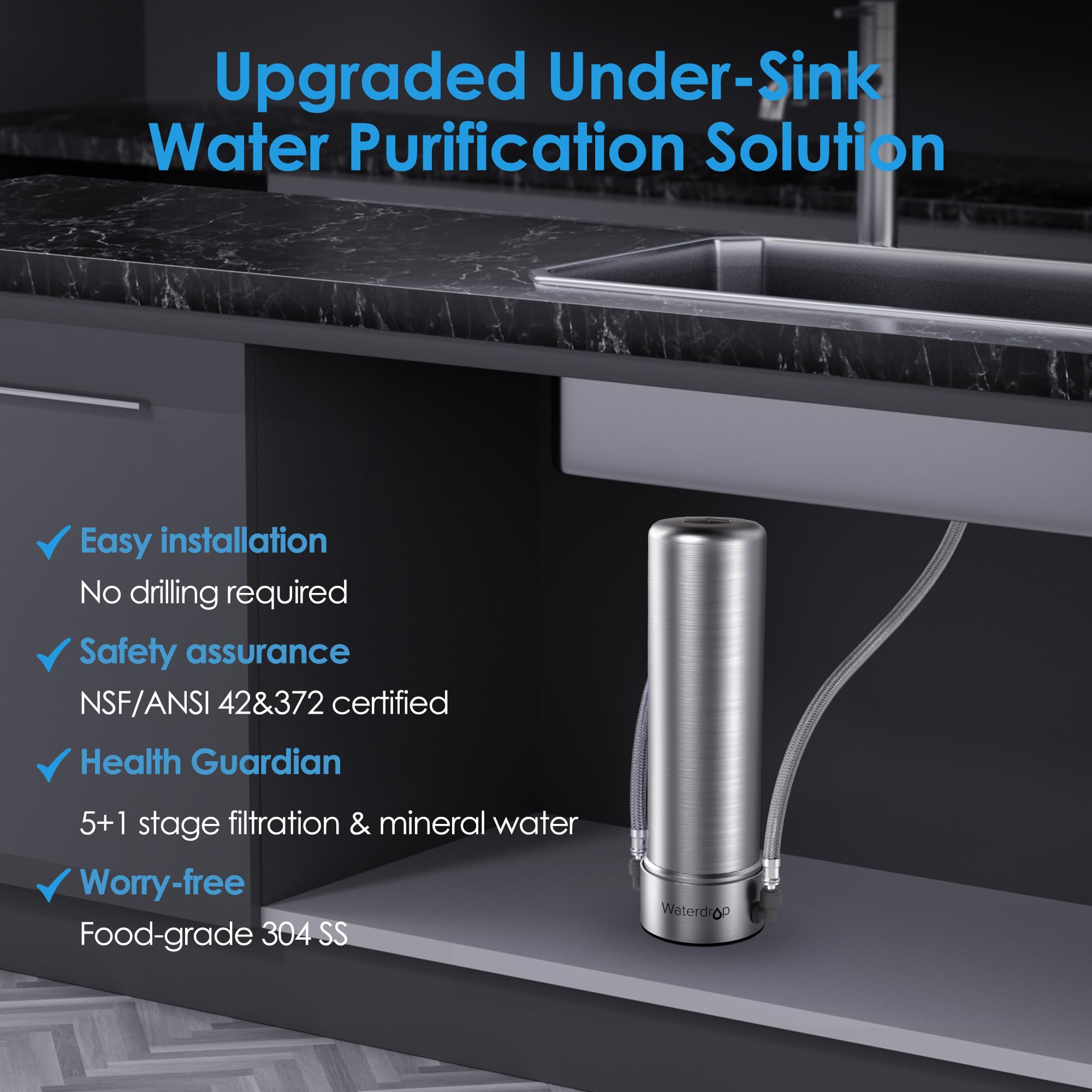 Waterdrop AS13 Under Sink Water Filter, No Drilling Required Under Sink Water Filtration System, Reduce PFAS, PFOA/PFOS, 6 Stage Stainless Steel Under Sink Water Filter System