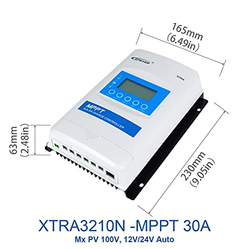 EPEVER MPPT Solar Charge Controller 30A 12V 24V Auto Max PV 100V Solar Panels Common Negative Ground Upgraded Regulator, LED & LCD & 5 Keys for Gel Sealed Flooded Lithium User Types (XTRA3210N)