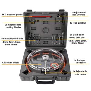 Toolly Adjustable Hole Saw Cutter Kit 1-5/8" to 8" (40-200mm) Twin Blade Circle Hole Saw Cutter with ABS Dust Shield for Making recessed Lights, Speaker Holes or Ventilation Holes