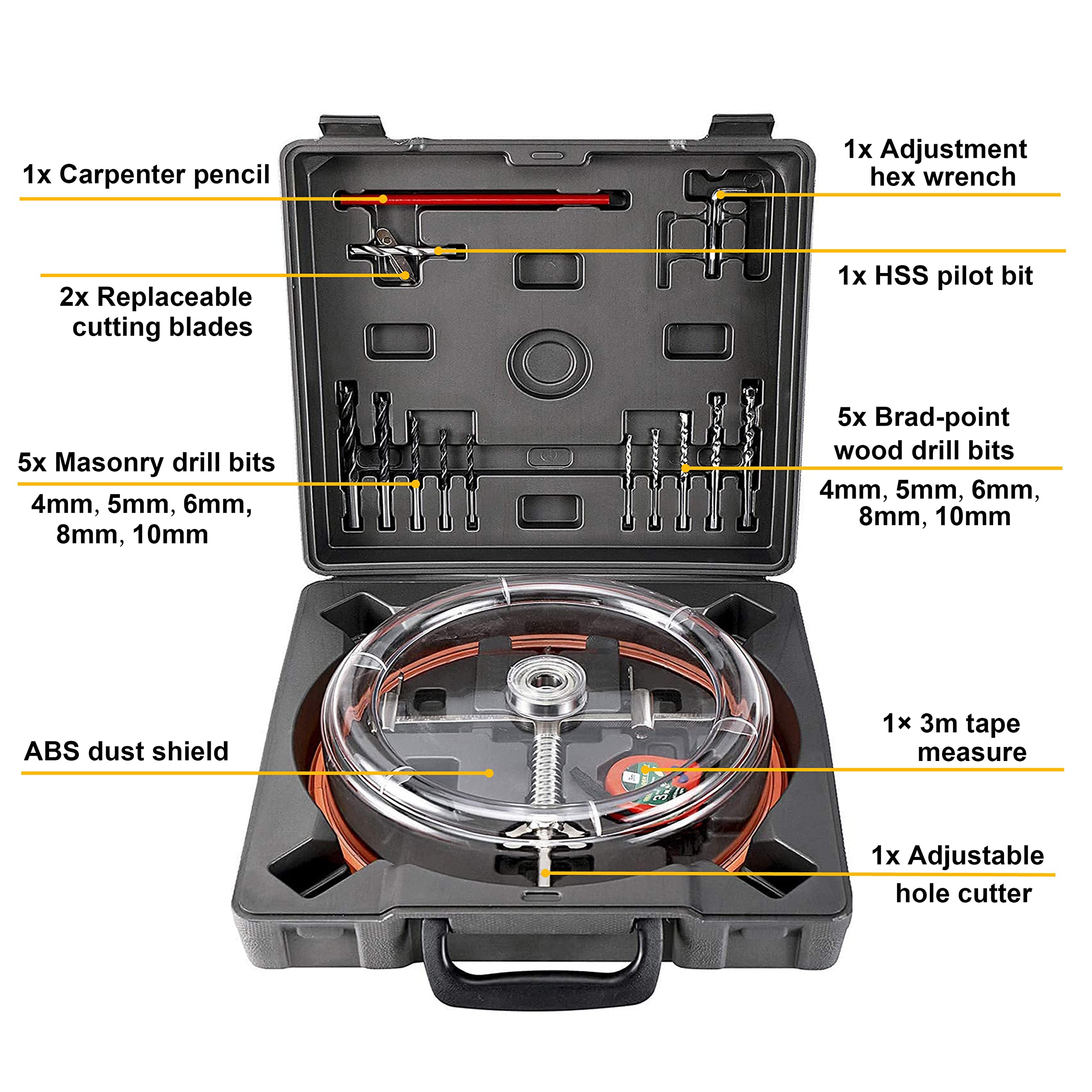 Toolly Adjustable Hole Saw Cutter Kit 1-5/8" to 8" (40-200mm) Twin Blade Circle Hole Saw Cutter with ABS Dust Shield for Making recessed Lights, Speaker Holes or Ventilation Holes