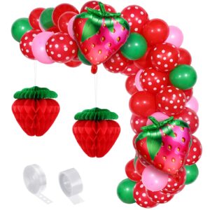 strawberry birthday party decorations strawberry party balloons arch garland decorations paper honeycomb ball baby shower foil balloon decoration kit for party (red, pink, green)