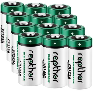 rapthor cr123a lithium batteries 3v 1650mah, 12 pack cr17345 high power 123 photo battery cr123 ptc protected for cameras flashlight alarm smart sensors (non-rechargeable, not for arlo) (pack of 12)