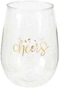 unique gold "cheers" plastic stemless wine glass - 15oz (1 pc.) - perfect for parties, weddings & catering events