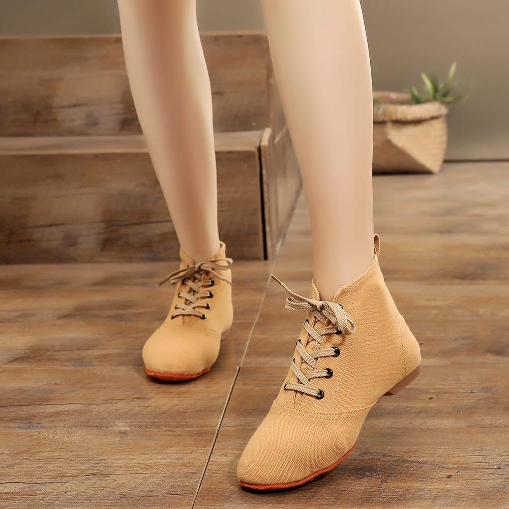 TINRYMX Canvas Lace Up Dance Shoes Split Sole Ballroom Jazz Modern Dance Boots for Women,Light tan,8.5 US