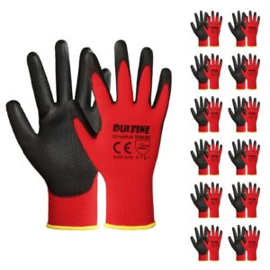 dulfine safety work gloves pu coated-12 pairs,red seamless knit glove with polyurethane coated smooth grip on palm & fingers, for men and women, ideal for general duty work (large)