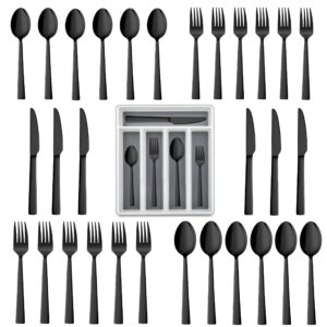 lianyu 30-piece black silverware set with tray, stainless steel square flatware cutlery set for 6, black eating utensils for home restaurant, dishwasher safe, mirror finished