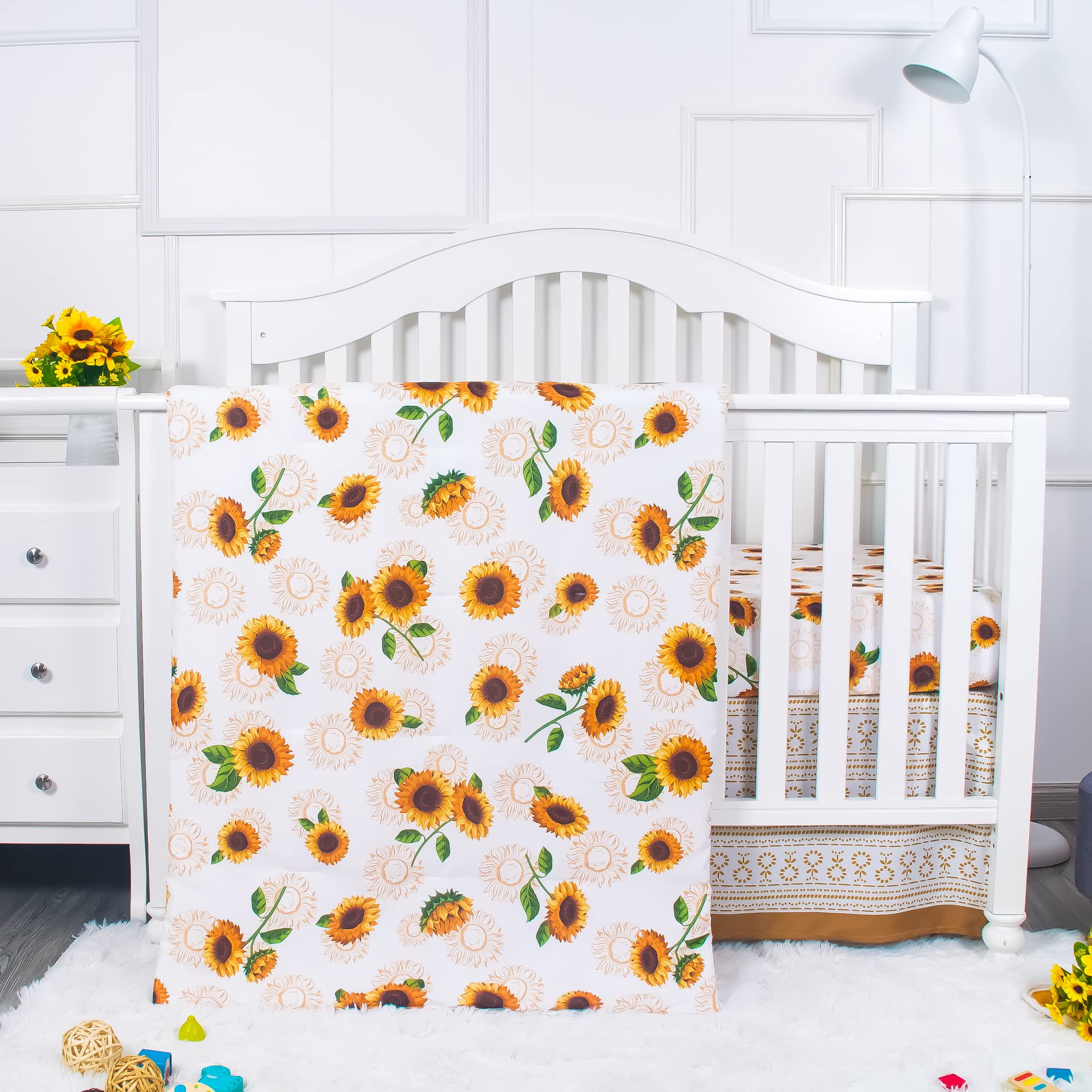 La Premura Sunflower Baby Girl Crib Bedding Set for Girls, 3-Piece Nursery Crib Set Including Crib Sheet, Blanket and Crib Skirt, Sunflower Baby Stuff, Beige & Orange