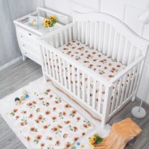 La Premura Sunflower Baby Girl Crib Bedding Set for Girls, 3-Piece Nursery Crib Set Including Crib Sheet, Blanket and Crib Skirt, Sunflower Baby Stuff, Beige & Orange