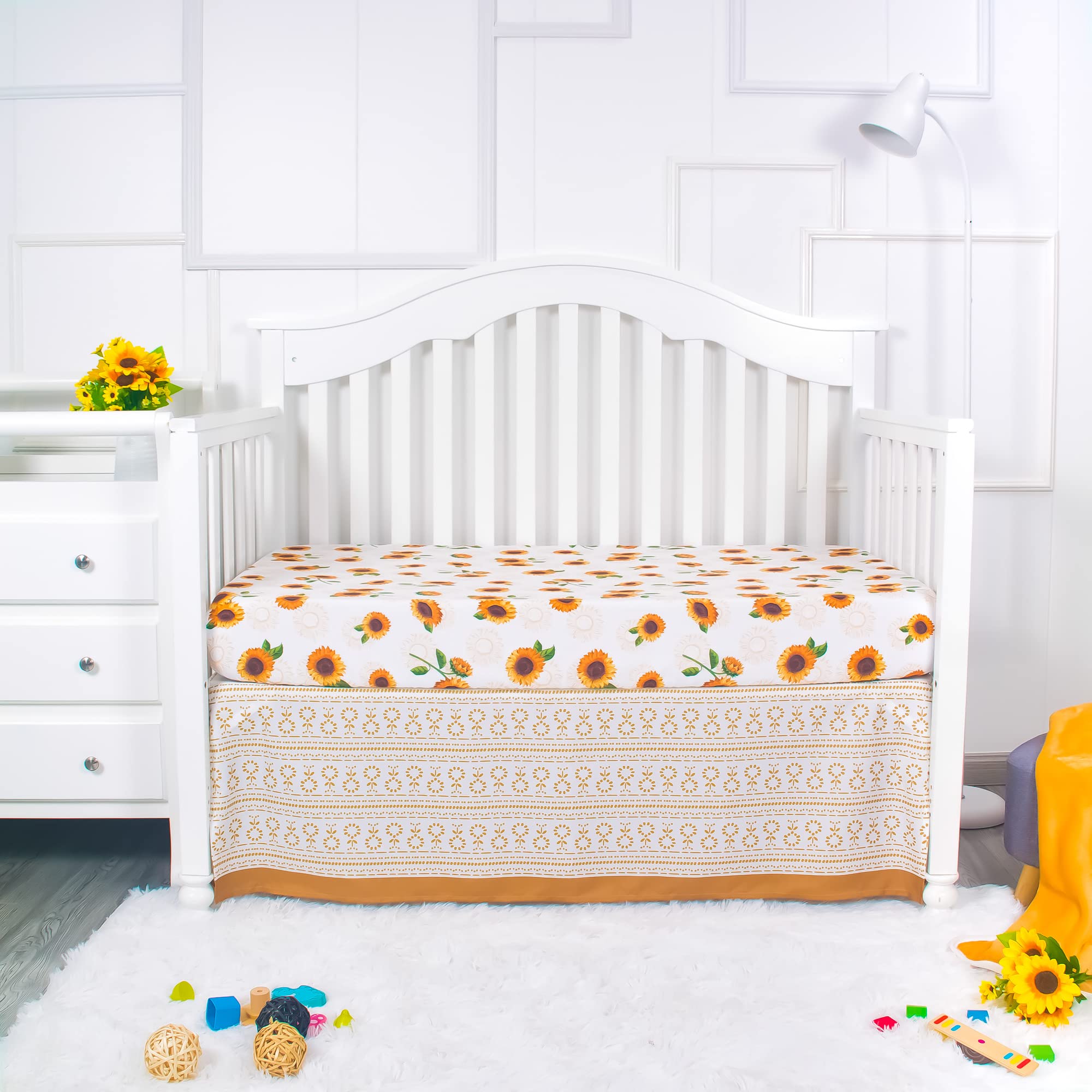 La Premura Sunflower Baby Girl Crib Bedding Set for Girls, 3-Piece Nursery Crib Set Including Crib Sheet, Blanket and Crib Skirt, Sunflower Baby Stuff, Beige & Orange