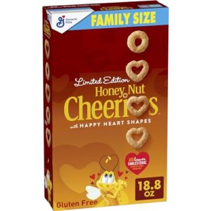 honey nut cheerios cereal, limited edition happy heart shapes, heart healthy cereal with whole grain oats, family size, 18.8 oz