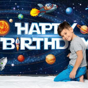 Outer Space Happy Birthday Decorations Solar System Banner Large Happy Birthday Outer Space Poster Background for Kids Boys Space Birthday Planets Party Educational Supplies, 72.8 x 43.3 Inches