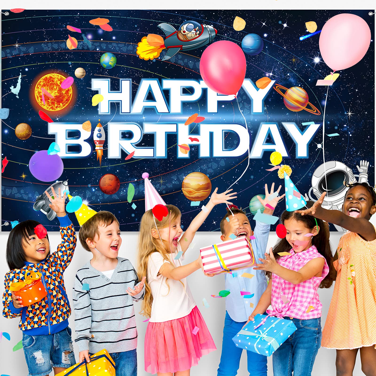 Outer Space Happy Birthday Decorations Solar System Banner Large Happy Birthday Outer Space Poster Background for Kids Boys Space Birthday Planets Party Educational Supplies, 72.8 x 43.3 Inches