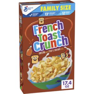 french toast crunch sweetened breakfast cereal, 17.4 oz family size cereal box