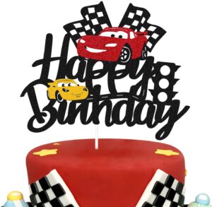 car cake topper race car cake decorations for racing car checkered flag themed kids boy girl happy birthday party supplies double sided