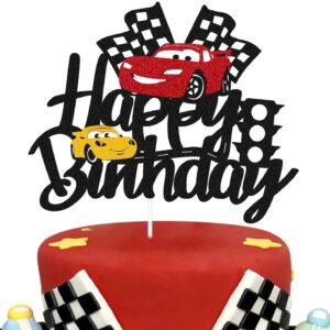 Car Cake Topper Race Car Cake Decorations for Racing Car Checkered Flag Themed Kids Boy Girl Happy Birthday Party Supplies Double Sided