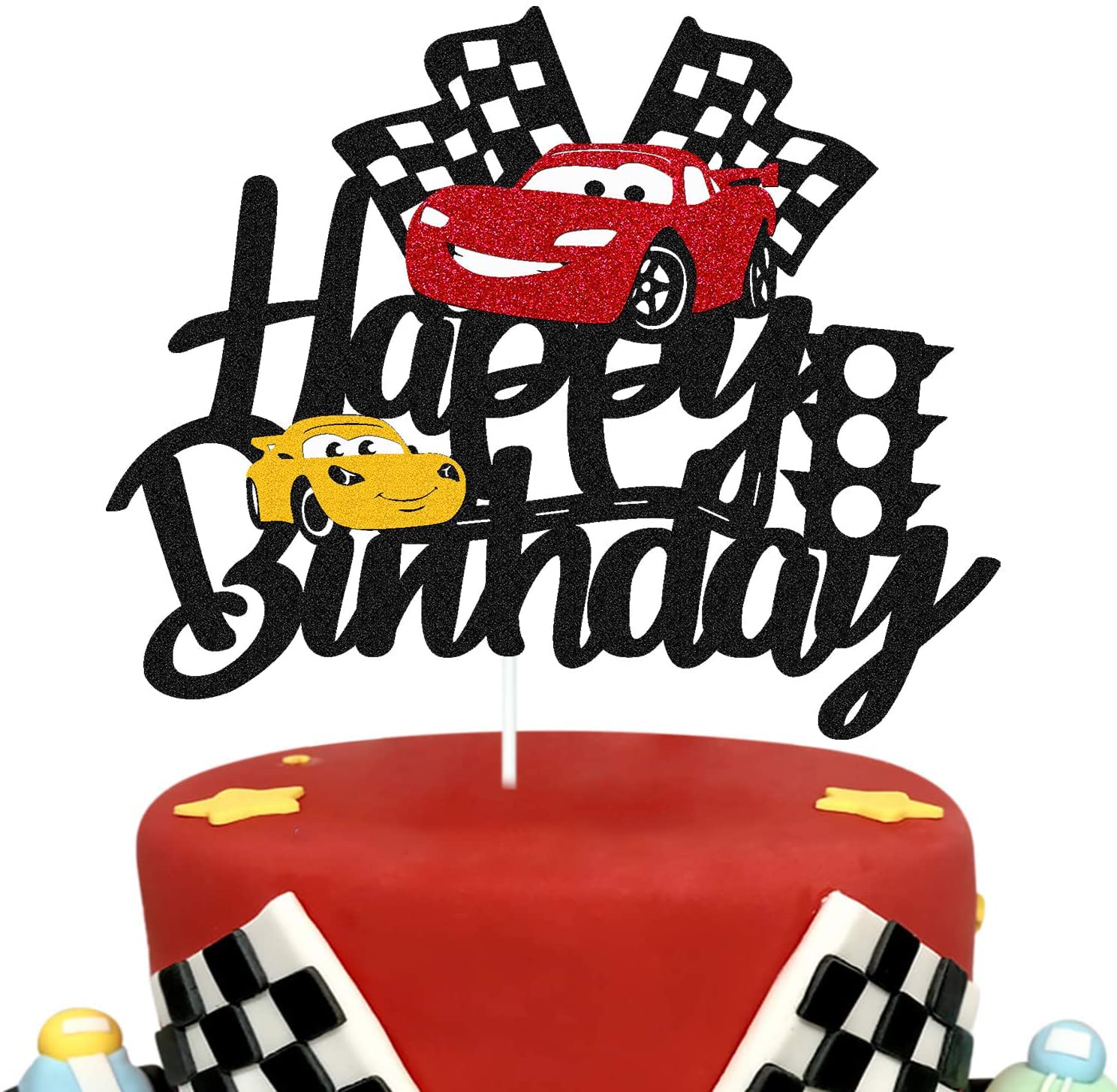 Car Cake Topper Race Car Cake Decorations for Racing Car Checkered Flag Themed Kids Boy Girl Happy Birthday Party Supplies Double Sided