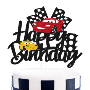 Car Cake Topper Race Car Cake Decorations for Racing Car Checkered Flag Themed Kids Boy Girl Happy Birthday Party Supplies Double Sided