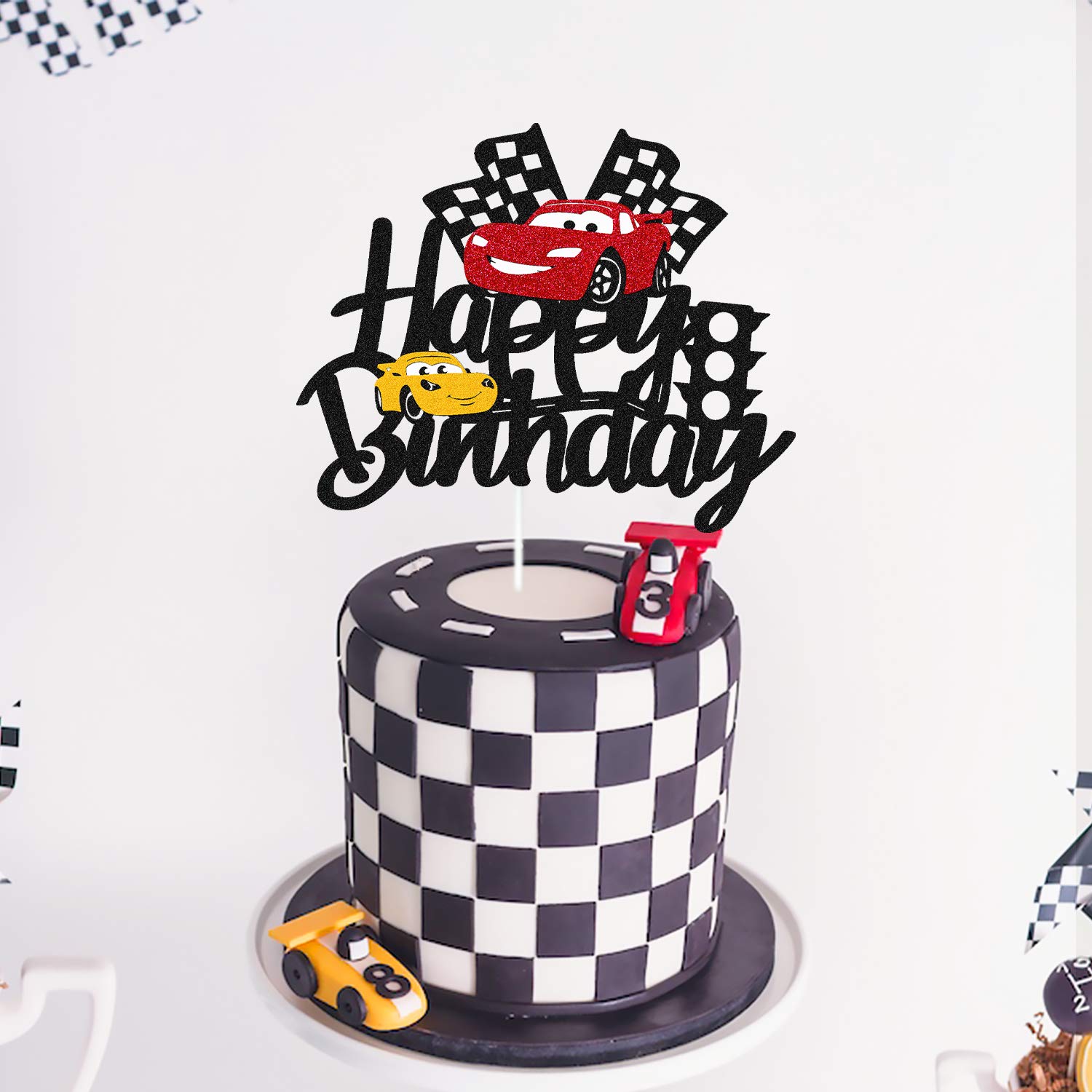 Car Cake Topper Race Car Cake Decorations for Racing Car Checkered Flag Themed Kids Boy Girl Happy Birthday Party Supplies Double Sided