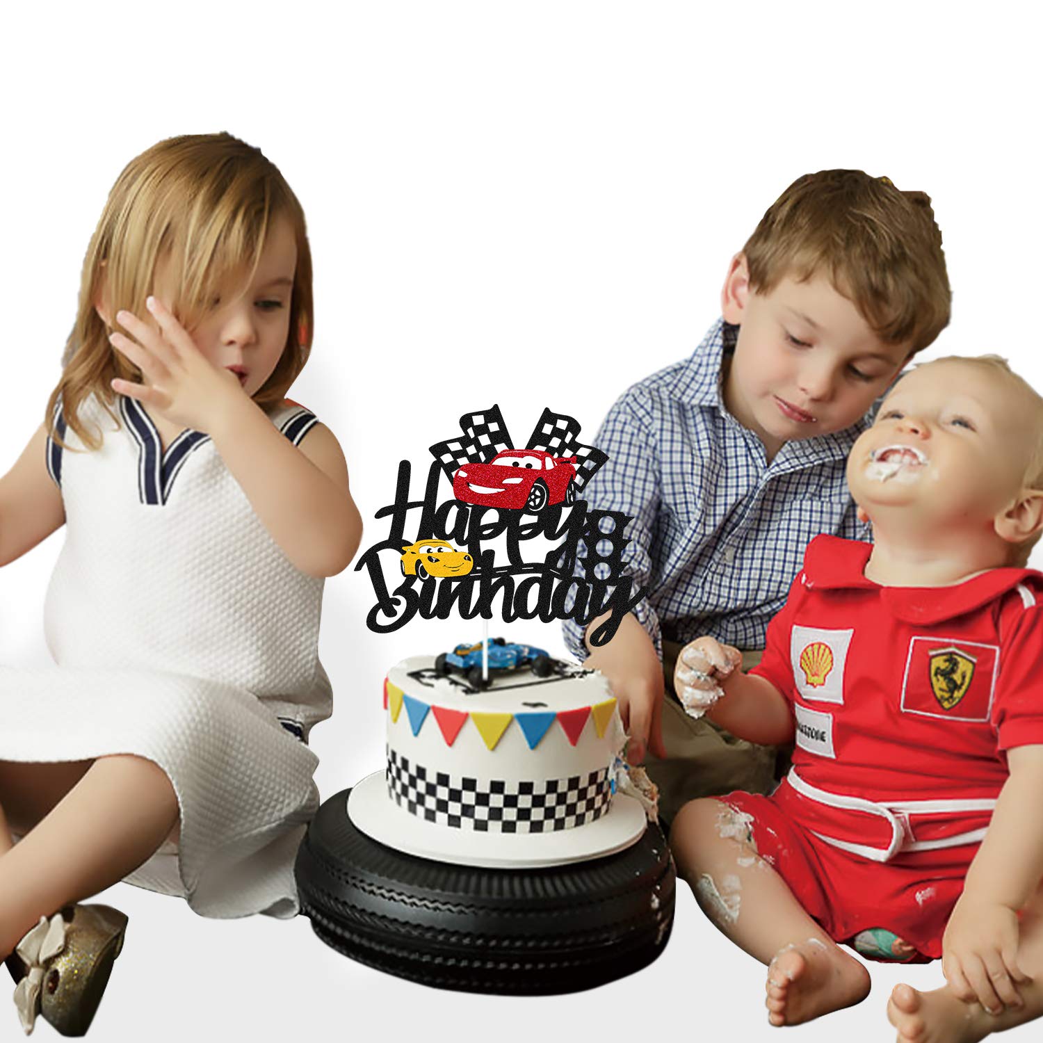 Car Cake Topper Race Car Cake Decorations for Racing Car Checkered Flag Themed Kids Boy Girl Happy Birthday Party Supplies Double Sided