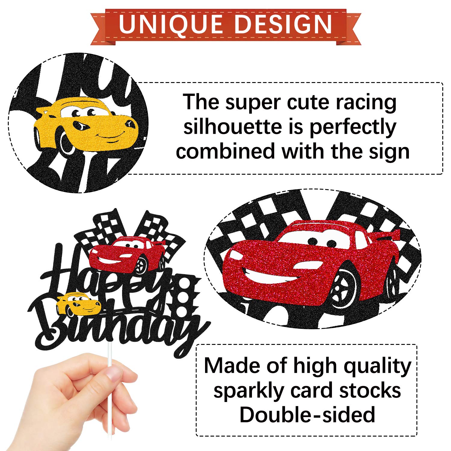 Car Cake Topper Race Car Cake Decorations for Racing Car Checkered Flag Themed Kids Boy Girl Happy Birthday Party Supplies Double Sided