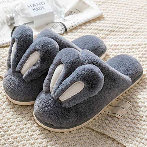 YUCHE Rabbit ear cotton slippers winter slippers men's women's plush slippers warm home non-slip slippers (XL, Navy blue, 11)