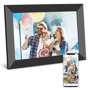 wifi digital picture frame 10.1 inch smart digital photo frame with ips touch screen hd display, 16gb storage easy setup to share photos or videos anywhere via free frameo app (black frame)
