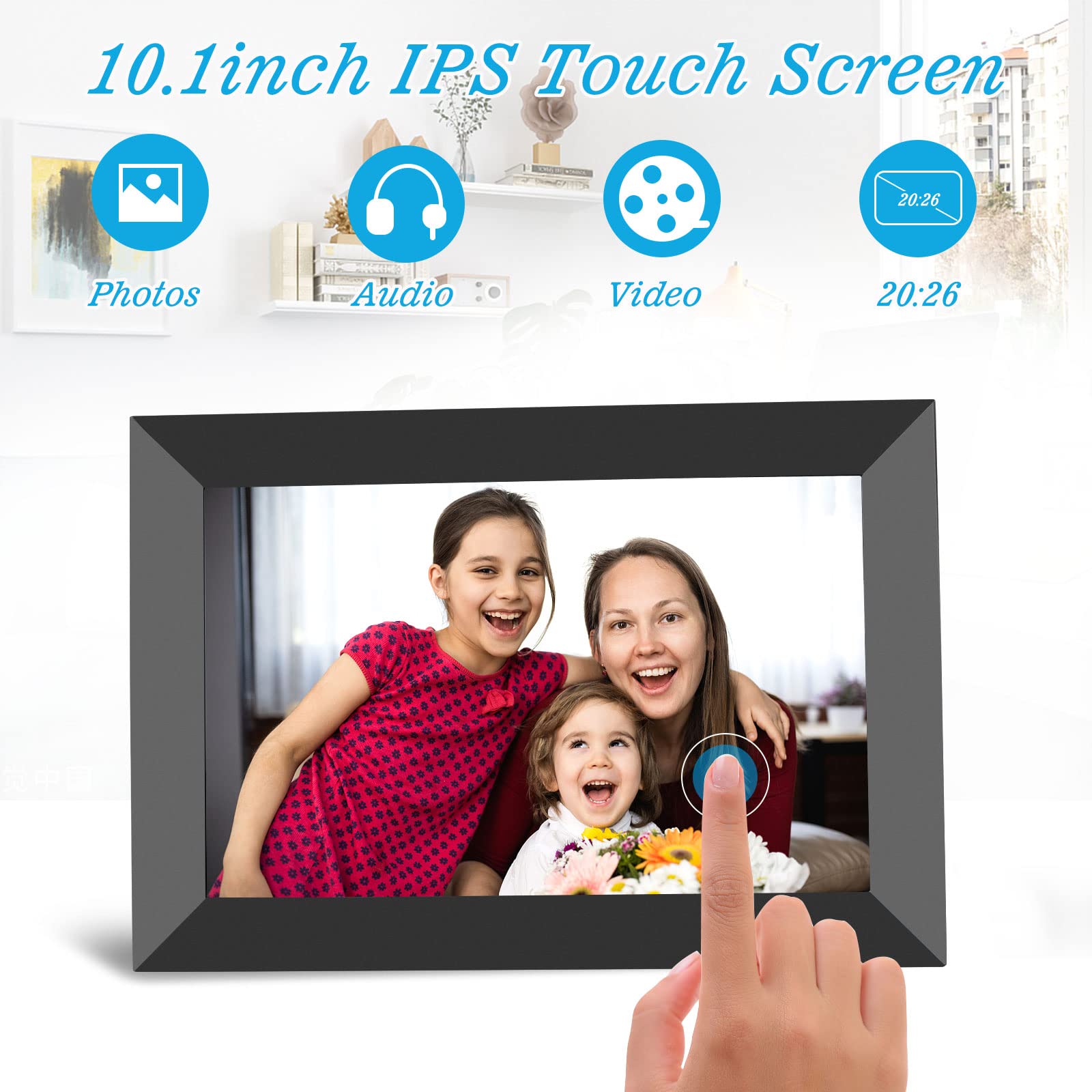 WiFi Digital Picture Frame 10.1 Inch Smart Digital Photo Frame with IPS Touch Screen HD Display, 16GB Storage Easy Setup to Share Photos or Videos Anywhere via Free Frameo APP (Black Frame)
