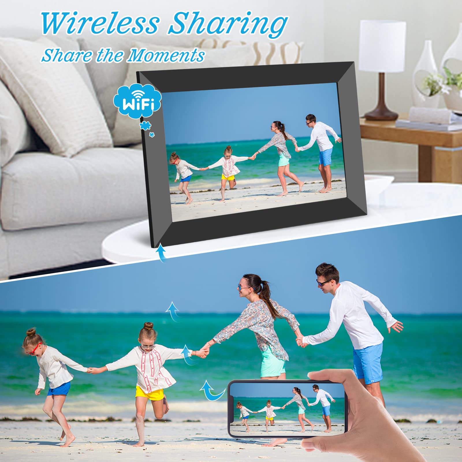 WiFi Digital Picture Frame 10.1 Inch Smart Digital Photo Frame with IPS Touch Screen HD Display, 16GB Storage Easy Setup to Share Photos or Videos Anywhere via Free Frameo APP (Black Frame)