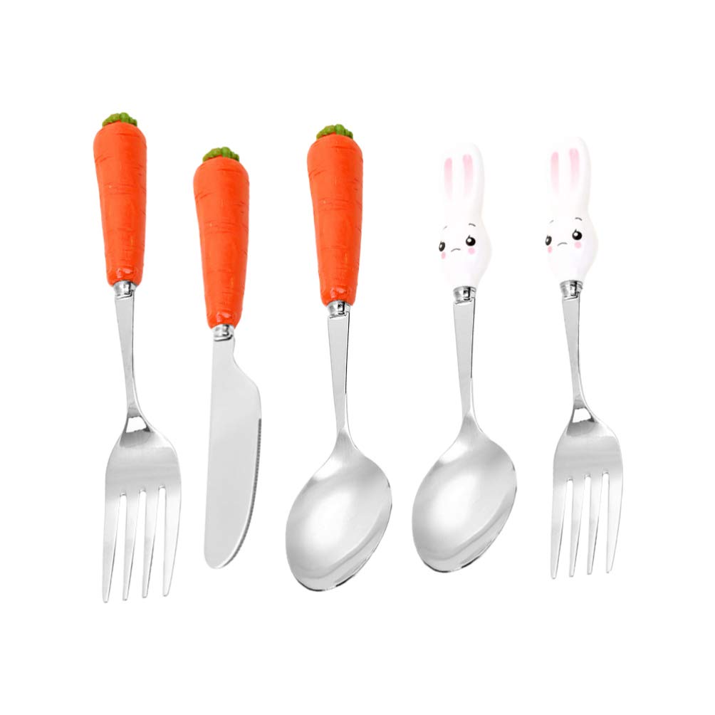 KESYOO 5PCS Stainless Steel Flatware Silverware Cutlery Set Easter Bunny Carrot Fork Spoon Eating Utensils Tableware with Ceramic Handle for Kids Home