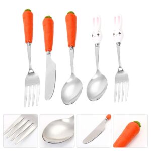 KESYOO 5PCS Stainless Steel Flatware Silverware Cutlery Set Easter Bunny Carrot Fork Spoon Eating Utensils Tableware with Ceramic Handle for Kids Home