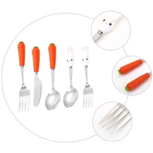 KESYOO 5PCS Stainless Steel Flatware Silverware Cutlery Set Easter Bunny Carrot Fork Spoon Eating Utensils Tableware with Ceramic Handle for Kids Home