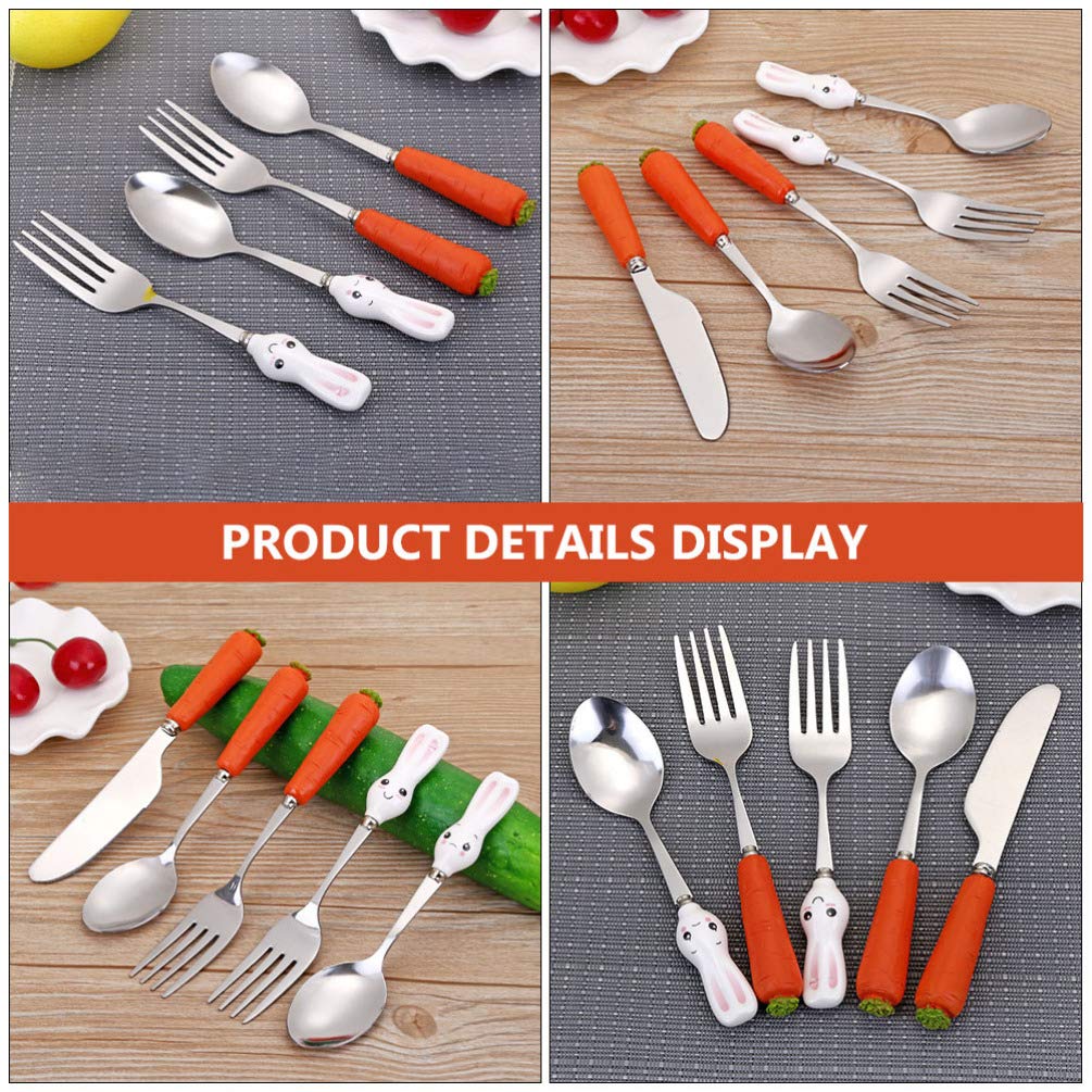 KESYOO 5PCS Stainless Steel Flatware Silverware Cutlery Set Easter Bunny Carrot Fork Spoon Eating Utensils Tableware with Ceramic Handle for Kids Home