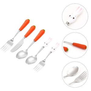 KESYOO 5PCS Stainless Steel Flatware Silverware Cutlery Set Easter Bunny Carrot Fork Spoon Eating Utensils Tableware with Ceramic Handle for Kids Home