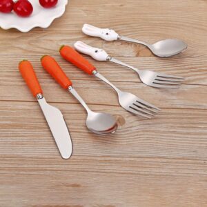 KESYOO 5PCS Stainless Steel Flatware Silverware Cutlery Set Easter Bunny Carrot Fork Spoon Eating Utensils Tableware with Ceramic Handle for Kids Home