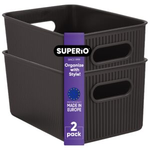 superio ribbed collection - decorative plastic open home storage bins organizer baskets, medium brown (2 pack) container boxes for organizing closet shelves drawer shelf 5 liter