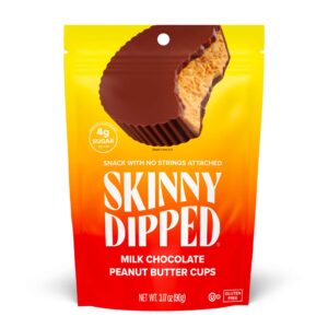 skinnydipped milk chocolate peanut butter cups, 4g sugar, low sugar, no palm oil, gluten free, 3.2oz bag, 4 pack (24 cups total)