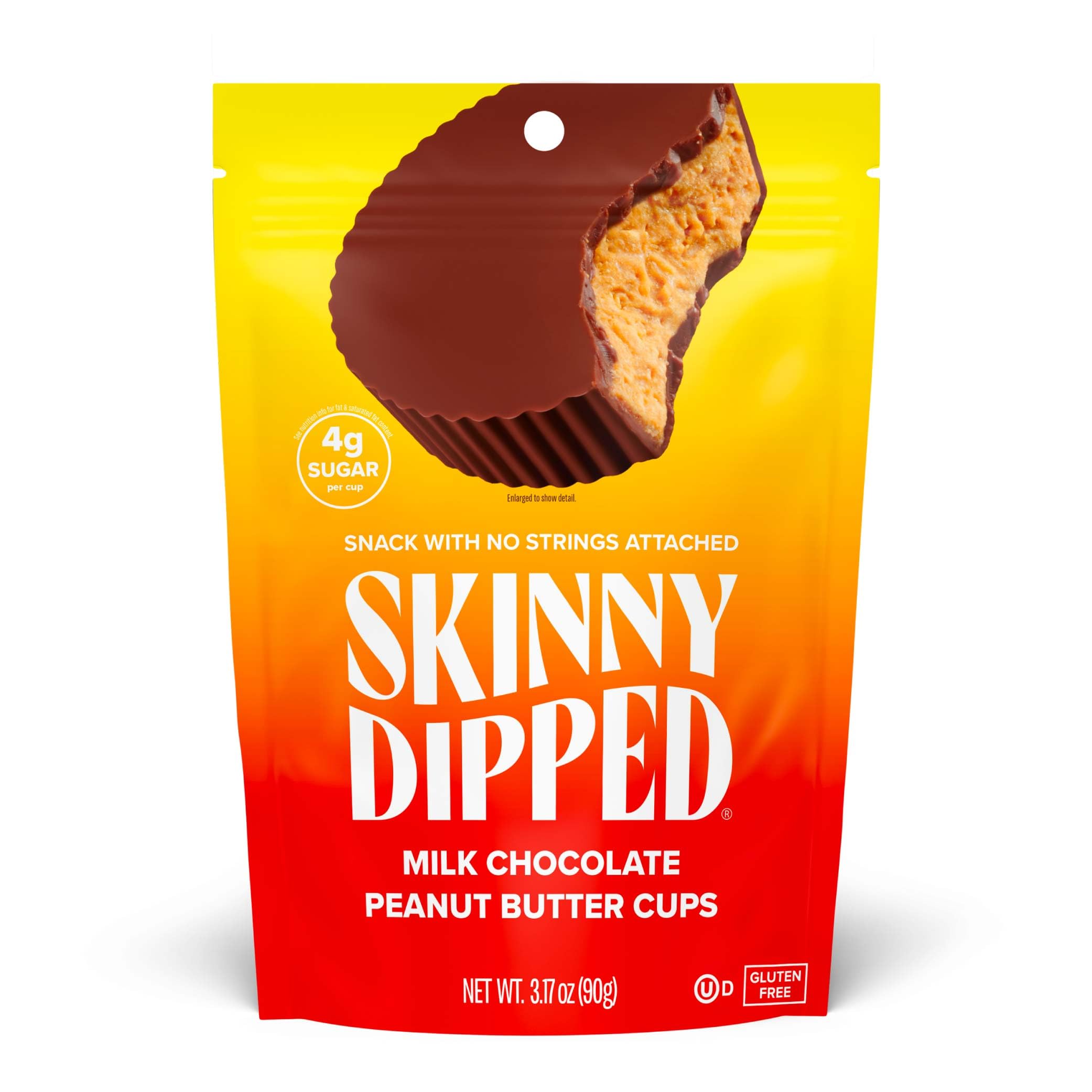 SkinnyDipped Milk Chocolate Peanut Butter Cups, 4g Sugar, Low Sugar, No Palm Oil, Gluten Free, 3.2oz Bag, 4 Pack (24 Cups Total)