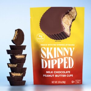 SkinnyDipped Milk Chocolate Peanut Butter Cups, 4g Sugar, Low Sugar, No Palm Oil, Gluten Free, 3.2oz Bag, 4 Pack (24 Cups Total)