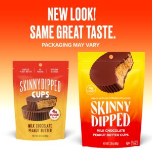 SkinnyDipped Milk Chocolate Peanut Butter Cups, 4g Sugar, Low Sugar, No Palm Oil, Gluten Free, 3.2oz Bag, 4 Pack (24 Cups Total)