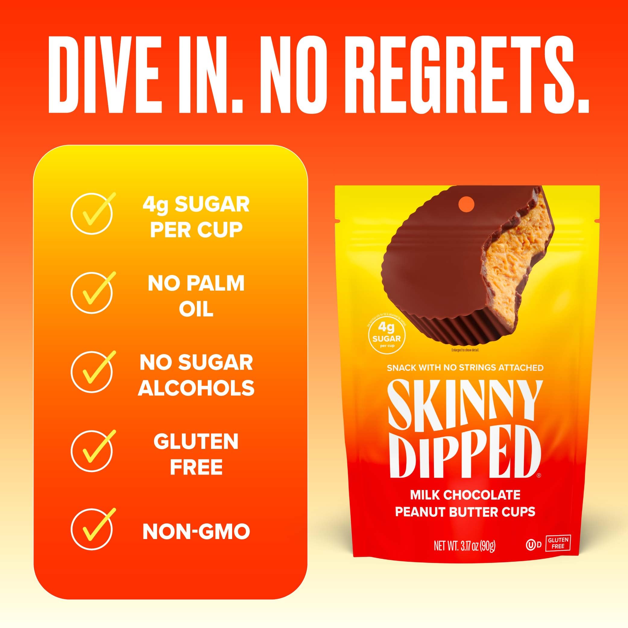 SkinnyDipped Milk Chocolate Peanut Butter Cups, 4g Sugar, Low Sugar, No Palm Oil, Gluten Free, 3.2oz Bag, 4 Pack (24 Cups Total)