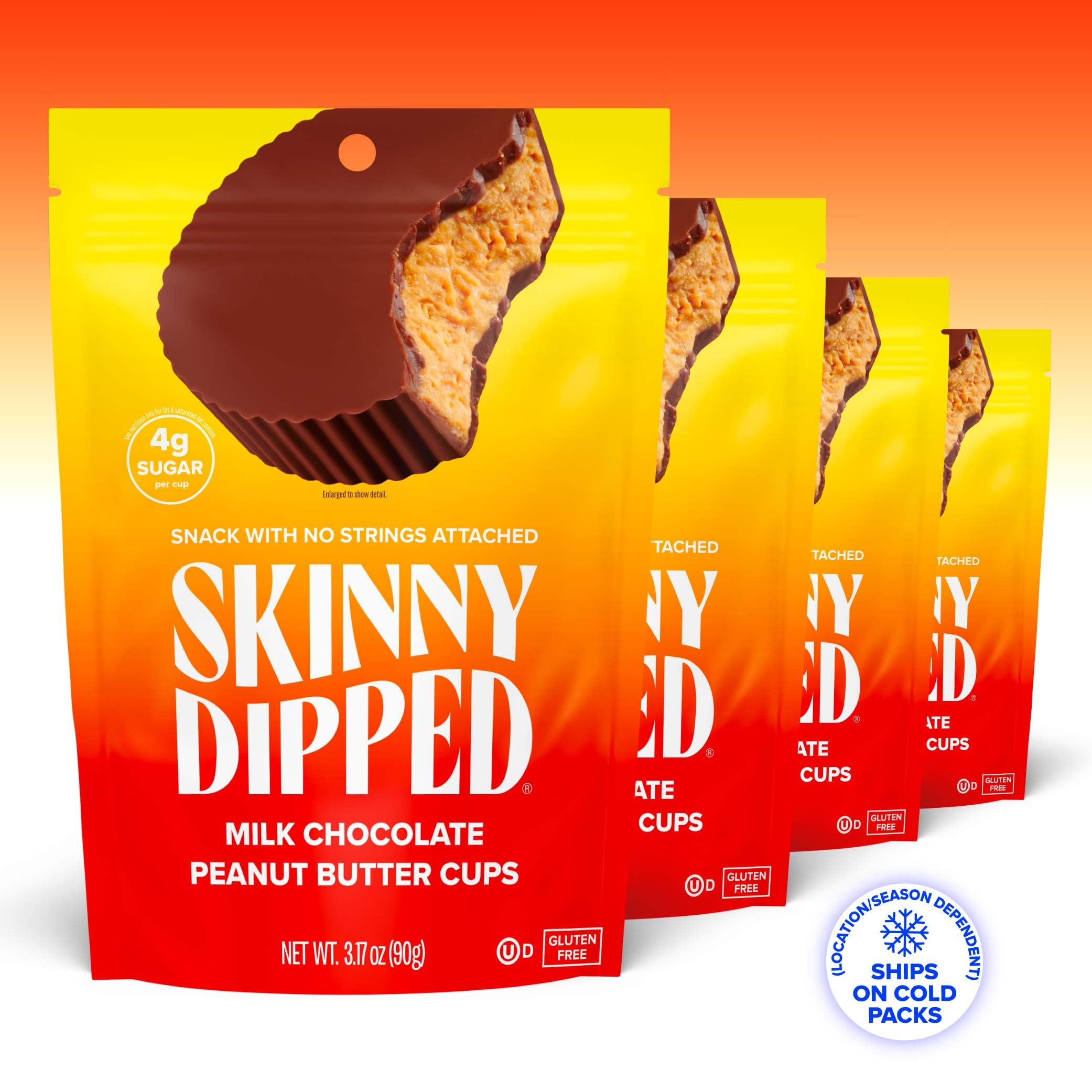 SkinnyDipped Milk Chocolate Peanut Butter Cups, 4g Sugar, Low Sugar, No Palm Oil, Gluten Free, 3.2oz Bag, 4 Pack (24 Cups Total)