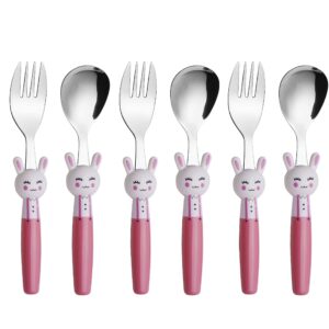 annova kids silverware 6 pieces set children's flatware - stainless steel cutlery - 3 x safe forks, 3 x dinner spoons - safe toddler utensils without knives for lunch box bpa free (rabbit x 6 pcs)