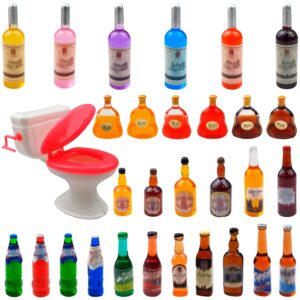 30 pcs 29 styles mini wine bottles cake toppers with 1 plastic miniature toilet toy funny dollhouse cupcake cake topper gift set for birthday party bachelorette party decorations