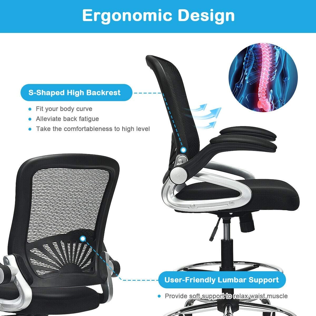 POWERSTONE Drafting Chair, Tall Office Chair for Standing Desk with Footrest and Flip-Up Armrests Ergonomic Adjustable Height Stool Computer Chair