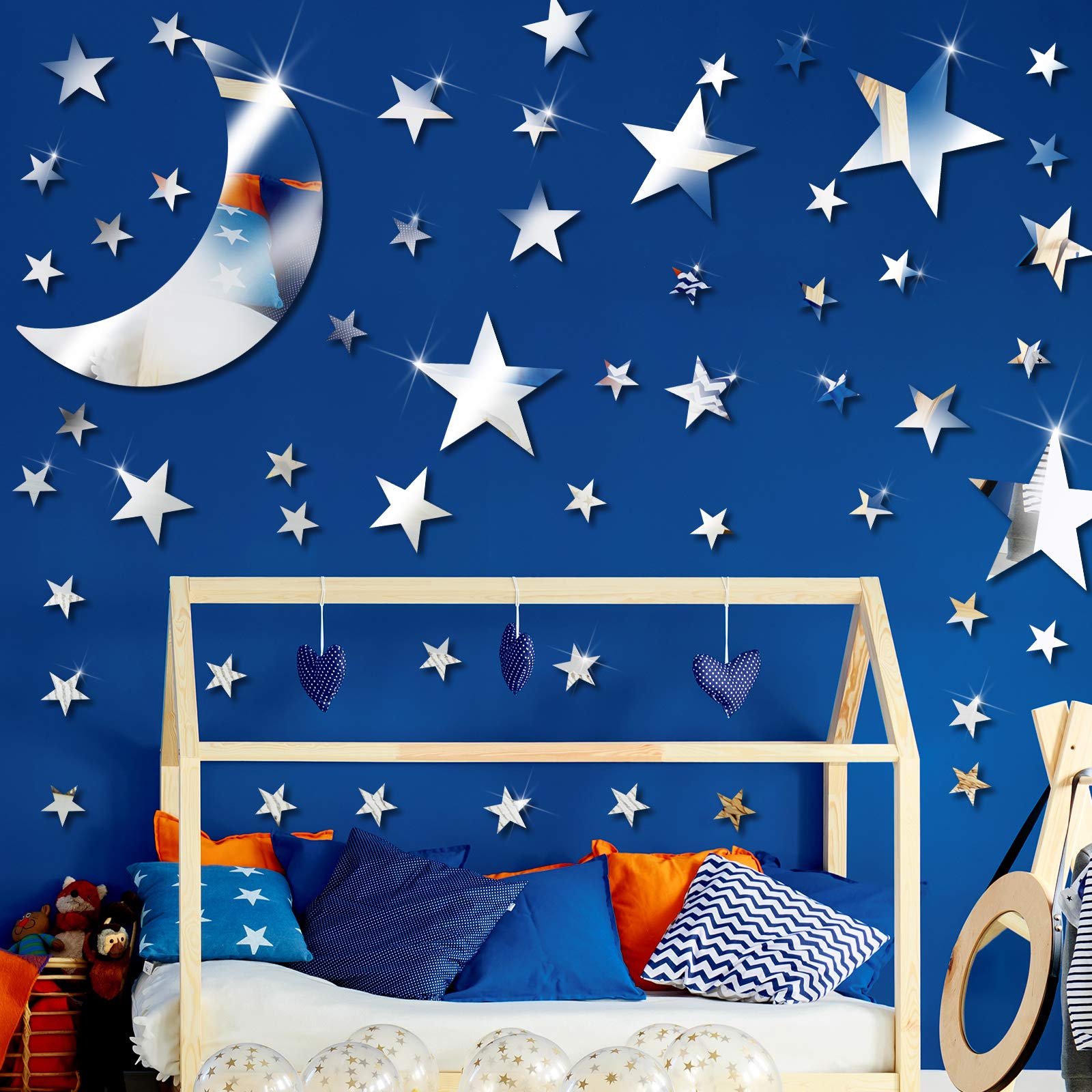 Zonon 61 Pieces Acrylic Star Mirror Wall Stickers Moon Stars Wall Decal Silver Mirror Sticker Decors Removable Star Mirror Stickers for Kids Boy Girls Baby Room Good Night House Nursery Home Bedroom